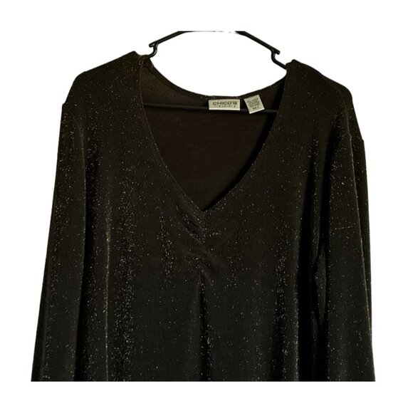 Chicos Travelers Womens Brown Sparkly Gold V-Neck Top Size 2 Holiday Large - Picture 2 of 6